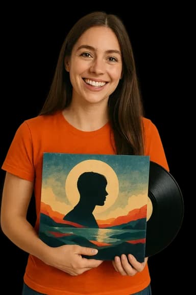 A smiling woman holding a vinyl record.