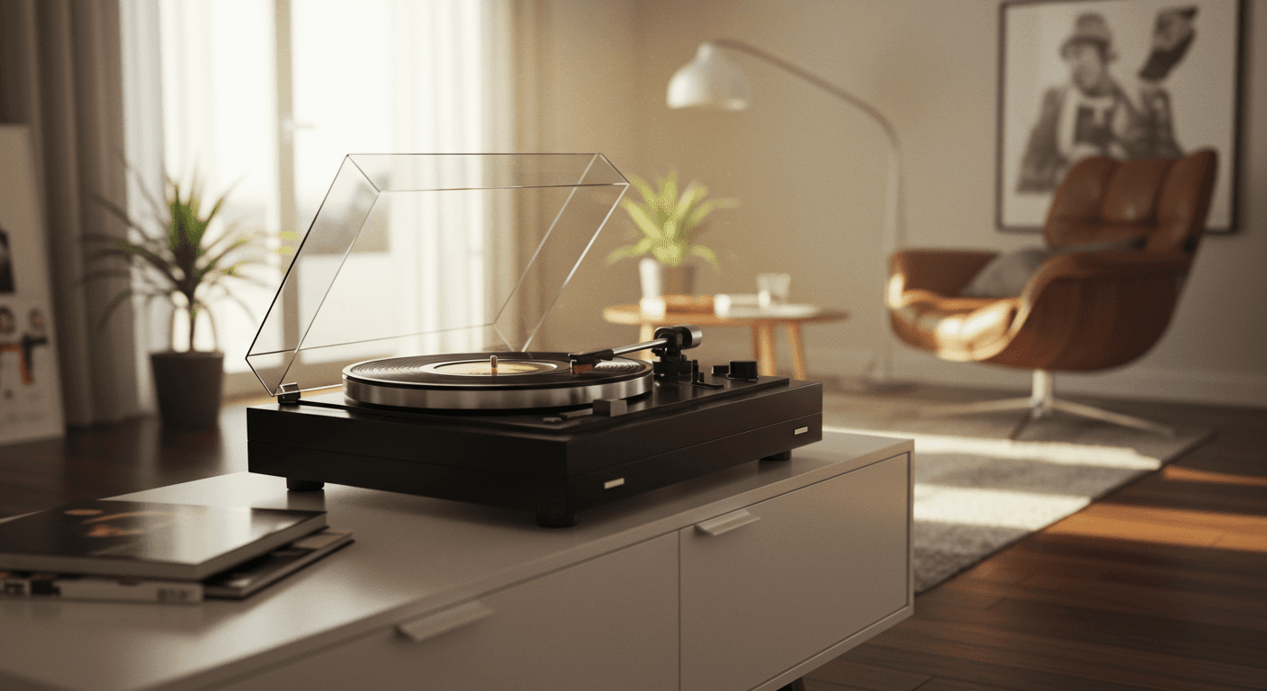 Record player on a TV stand in the living room