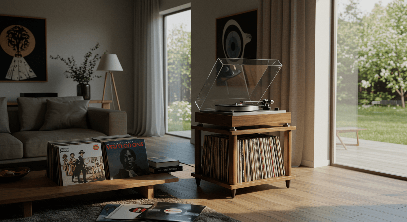 A stylish record player with a vinyl record on it, set in the middle of a living room