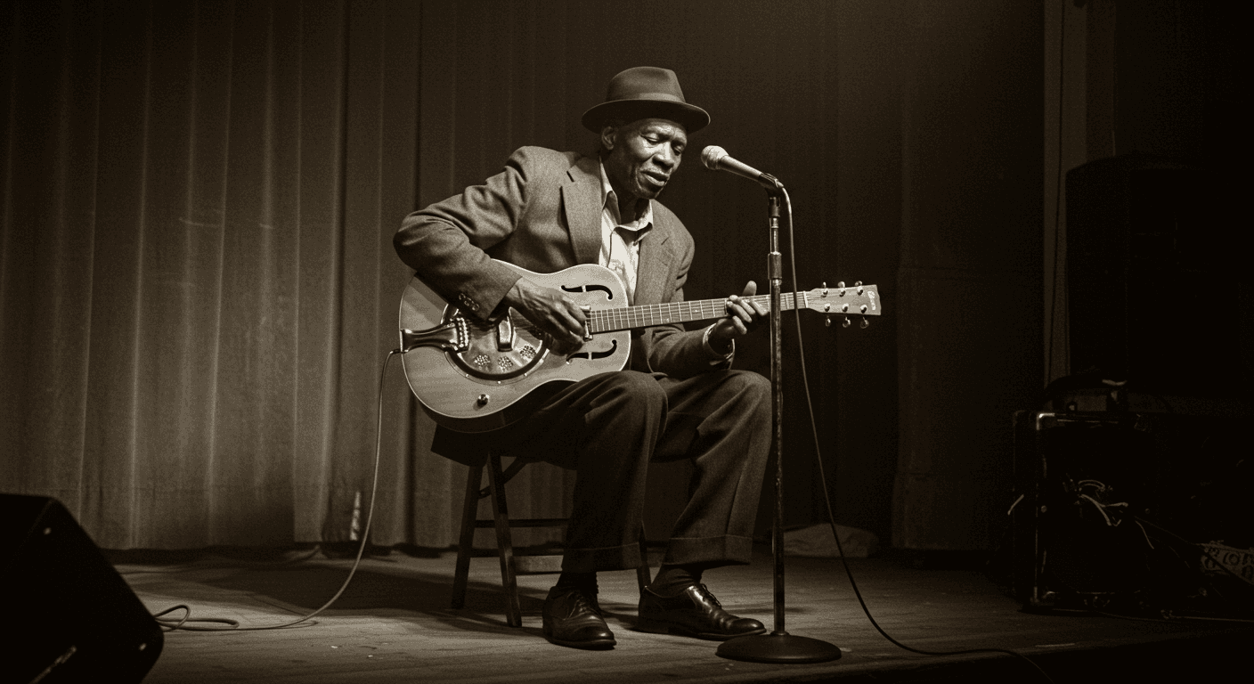 A vintage photograph of a blues guitarist performing on a dimly lit stage with a resonator guitar.