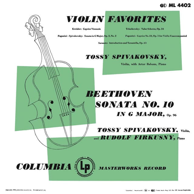 Violin Favorites - Kreisler, Tchaikovsky, Paganini, Sarasate & Beethoven: Violin Sonata No. 10 in G Major, Op. 96 - Rudolf Firkusny
